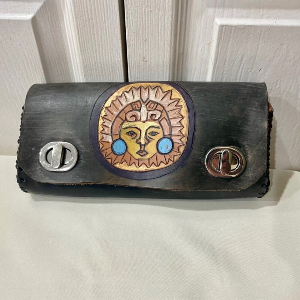 BOHEMIAN CLUTCH HANDMADE LEATHER‎  AZTEC MASK CARVED AND HANDLE SUNFLOWER BAG